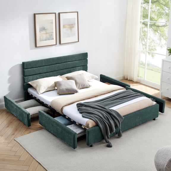 Queen size cushioned bed, comfortable cushioned bed frame, headboard and solid bed frame - green+Blue (85 "x 66" x 36 ")