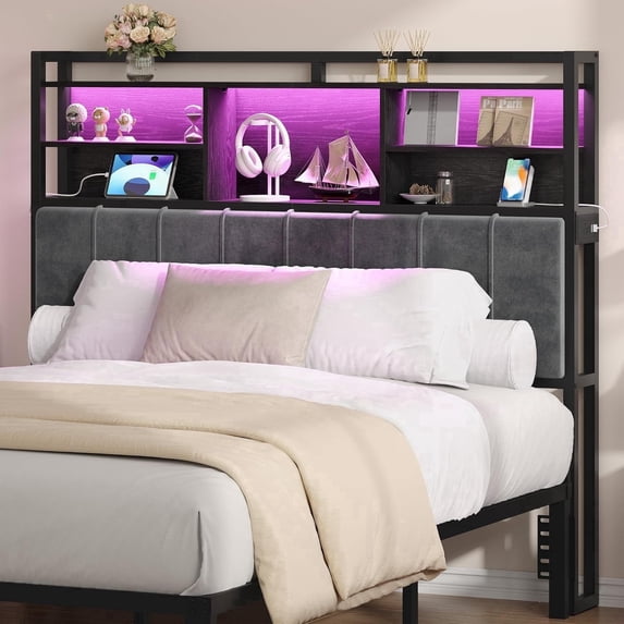 Queen Size Headboard with 3-Tier Storage Shelves, Upholstered Headboards with 2 Outlets, USB Ports & LED Light, Sturdy and Stable Headboard, Black