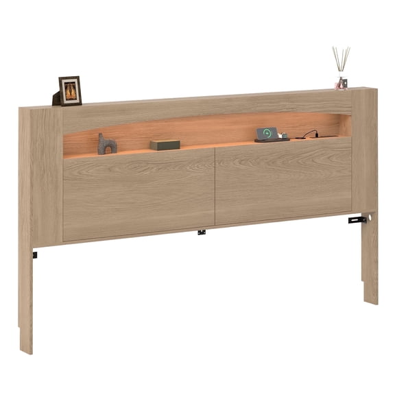 Queen size headboard only with RGB Lights & Charging Station, Wooden Storage Headboard with Open Shelves & Hidden Drawers, Easy Control for Bedroom Ambiance
