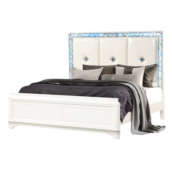 Queen size modern bed frame with upholstered headboard and blue marble for a cozy bedroom