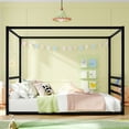 thumbnail image 1 of Queen size sunshade floor bed, iron double-size bed frame, modern low-profile double-size bed, equipped with fence-style guardrails, black series, 1 of 7