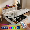 thumbnail image 1 of Queen Size Linen+Wood+Metal Platform Bed with Hydraulic Storage, LED/USB, Natural for Bedroom, 1 of 26