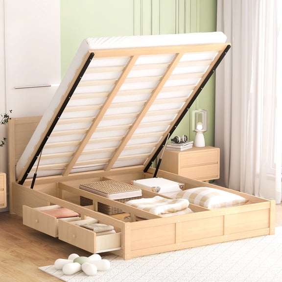 Queen wood platform bed with underneath storage and 2 drawers for practical bedroom storage