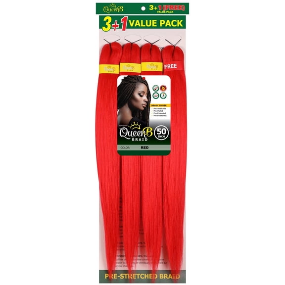 QueenB 4X Value Pack Pre-Stretched Braiding Hair 50” – Color #RED