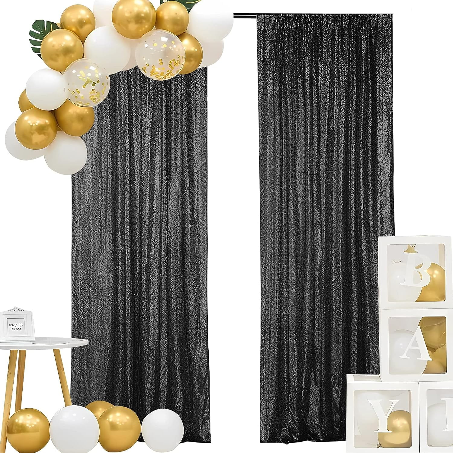QueenDream Black Glitter Sequin Backdrop Curtains 2 Pack 2ftx8ft Shimmer Sequin Photography