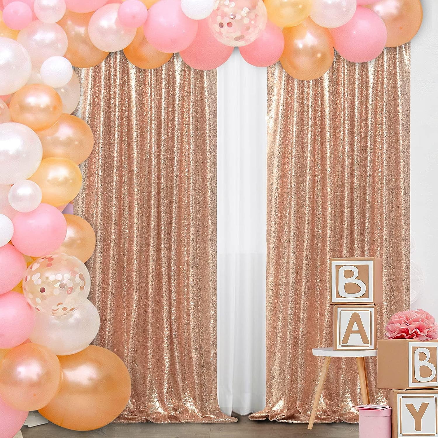 QueenDream Rose Gold Glitter Sequin Backdrop Curtains 2 Pack 2ftx8ft Shimmer Sequin Photography
