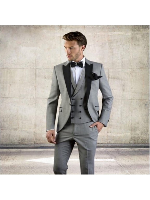 QueenLine (Blazer+Pants+Vest) Grey Men Suit Slim Fit Jacket With Black Tuxedo Custom Made Blazer Wedding Groom Suits costume homme