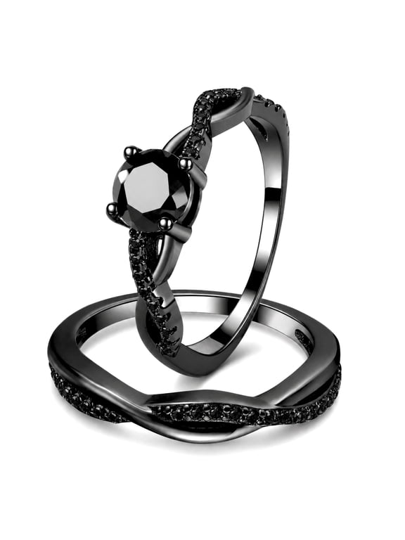 Queena Black Wedding Ring Set Anniversary Band Engagement Ring for Women Sterling Sterling Cz Ginger Lyne Collection