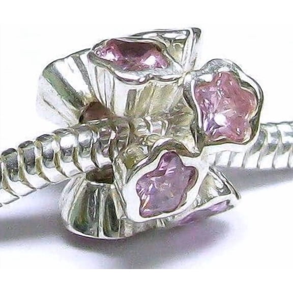 Queenberry .925 Sterling Silver Flower Bead W/Pink Rose October Birthstone Cz for European Charm Bracelets