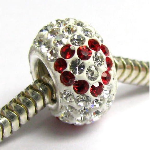 Queenberry .925 Sterling Silver Round Love Bead Clear Red Heart Ferido Crystals for European Charm Bracelets