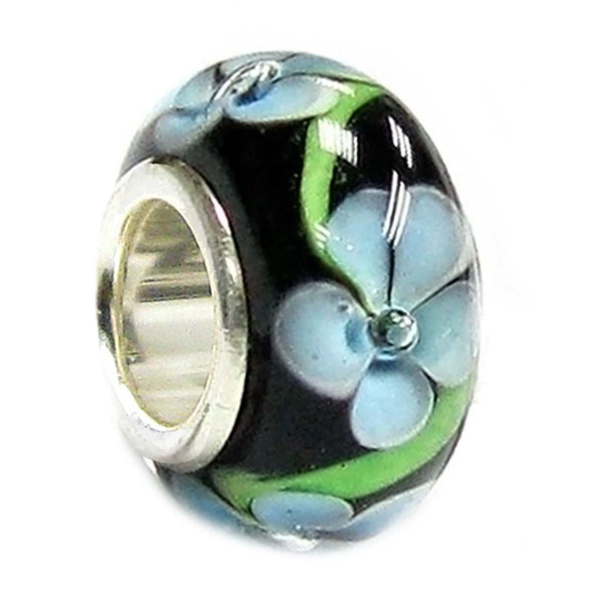 Queenberry Sterling Silver Black Hawaii Blue Flower Glass Bead Charm Fits Pandora