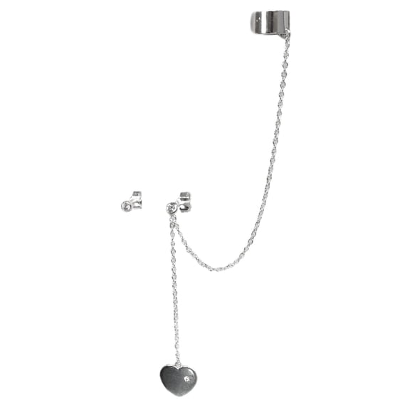 Queenberry Sterling Silver Cubic Zirconia Earring with Chain Dangle Heart Tag Ear Cuff Wrap Stud Post