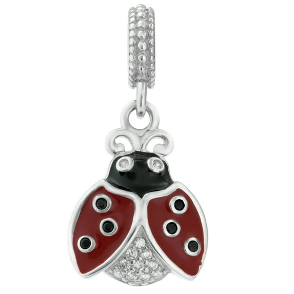 Queenberry Sterling Silver Lady Bug Enamel CZ Crystal Dangle Bead for European Charm Bracelets