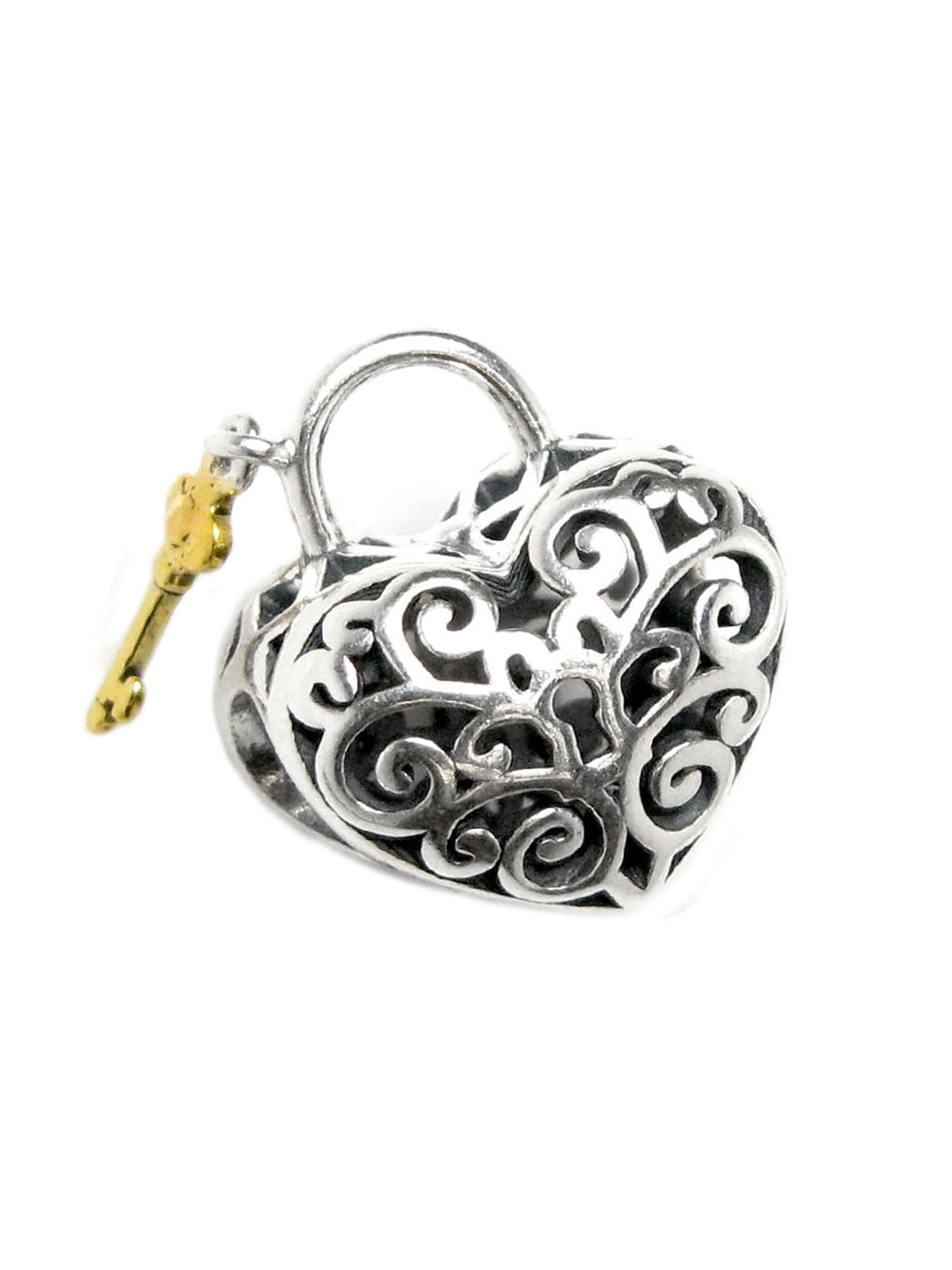 Queenberry Sterling Silver Love Heart Lock Key Valentine Gold-Tone Key Bead Charm Fits Pandora