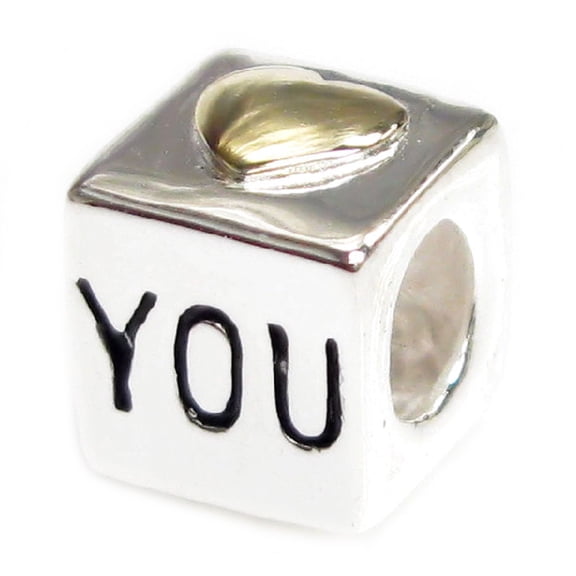 Queenberry Sterling Silver Love You Cube with Gold-Tone Heart European Style Bead Charm