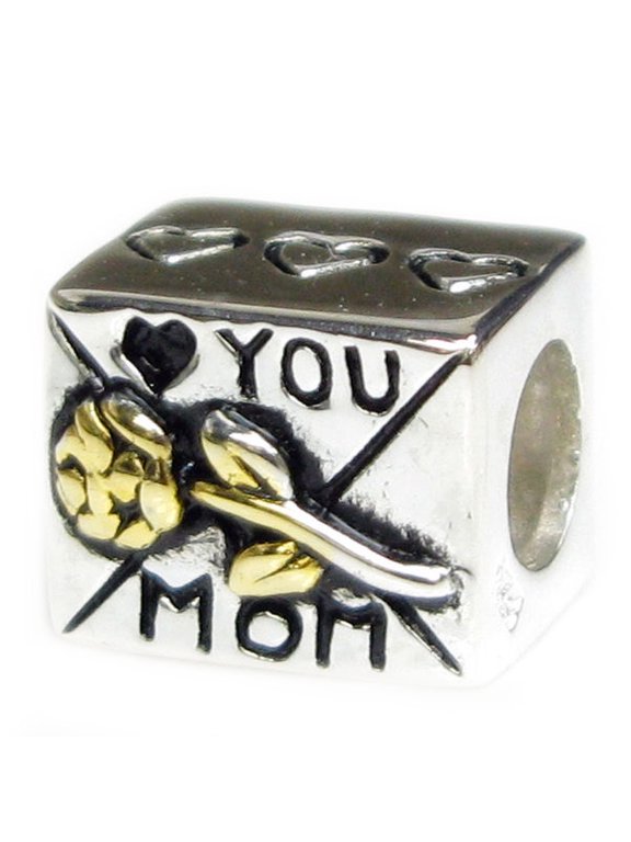 Sterling Silver Love You Mom Mother Heart Gold-tone Rose Flower Bead Charm