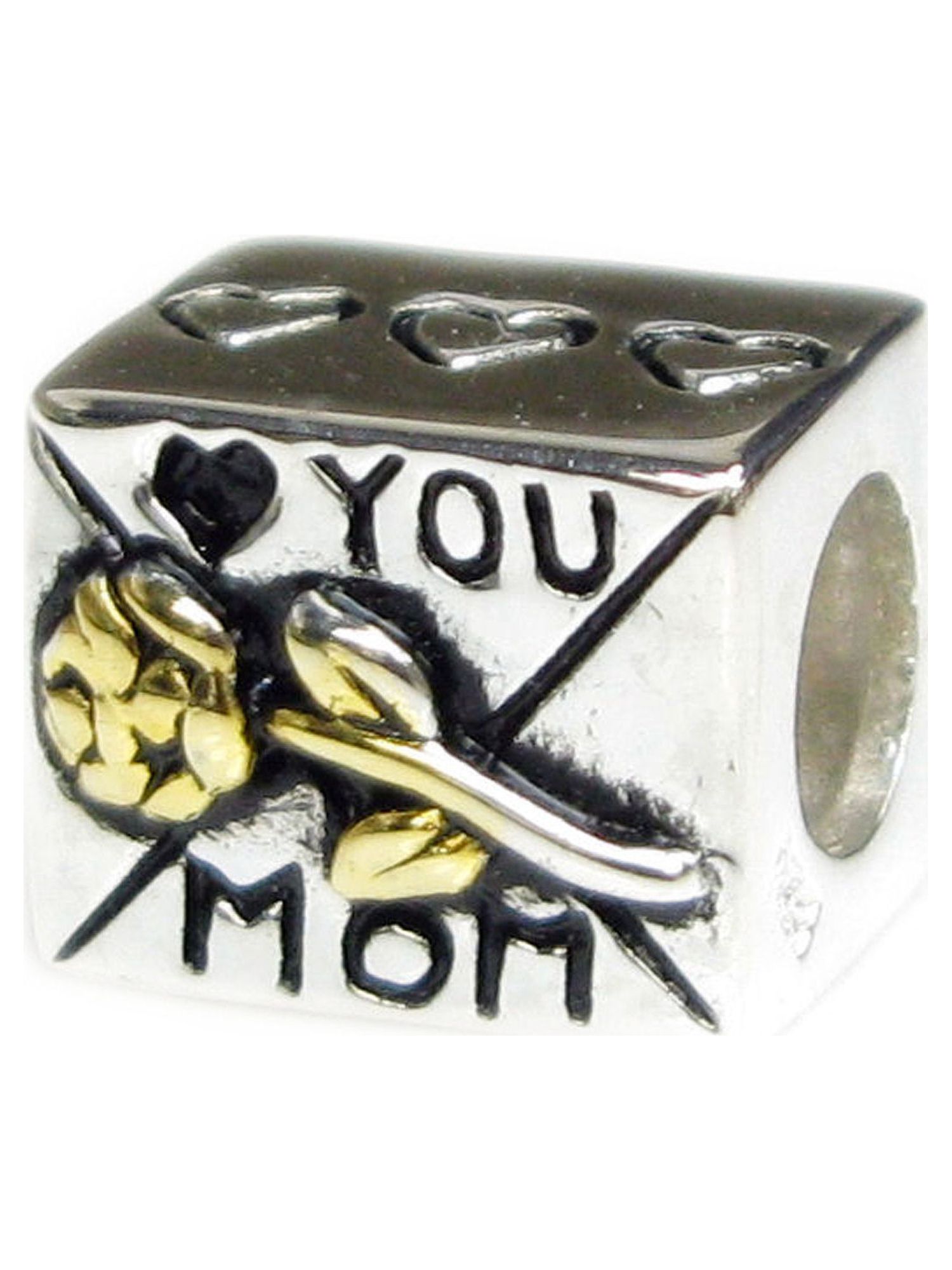 Queenberry Sterling Silver Love You Mom Mother Heart Gold-tone Rose Flower Bead Charm Fits Pandora