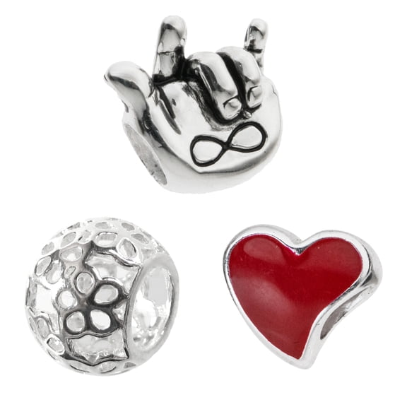 Queenberry Sterling Silver Red Enamel Heart I Love You Hand Sign Daisy Flower Bead Charm Sets for European Charm Bracelets