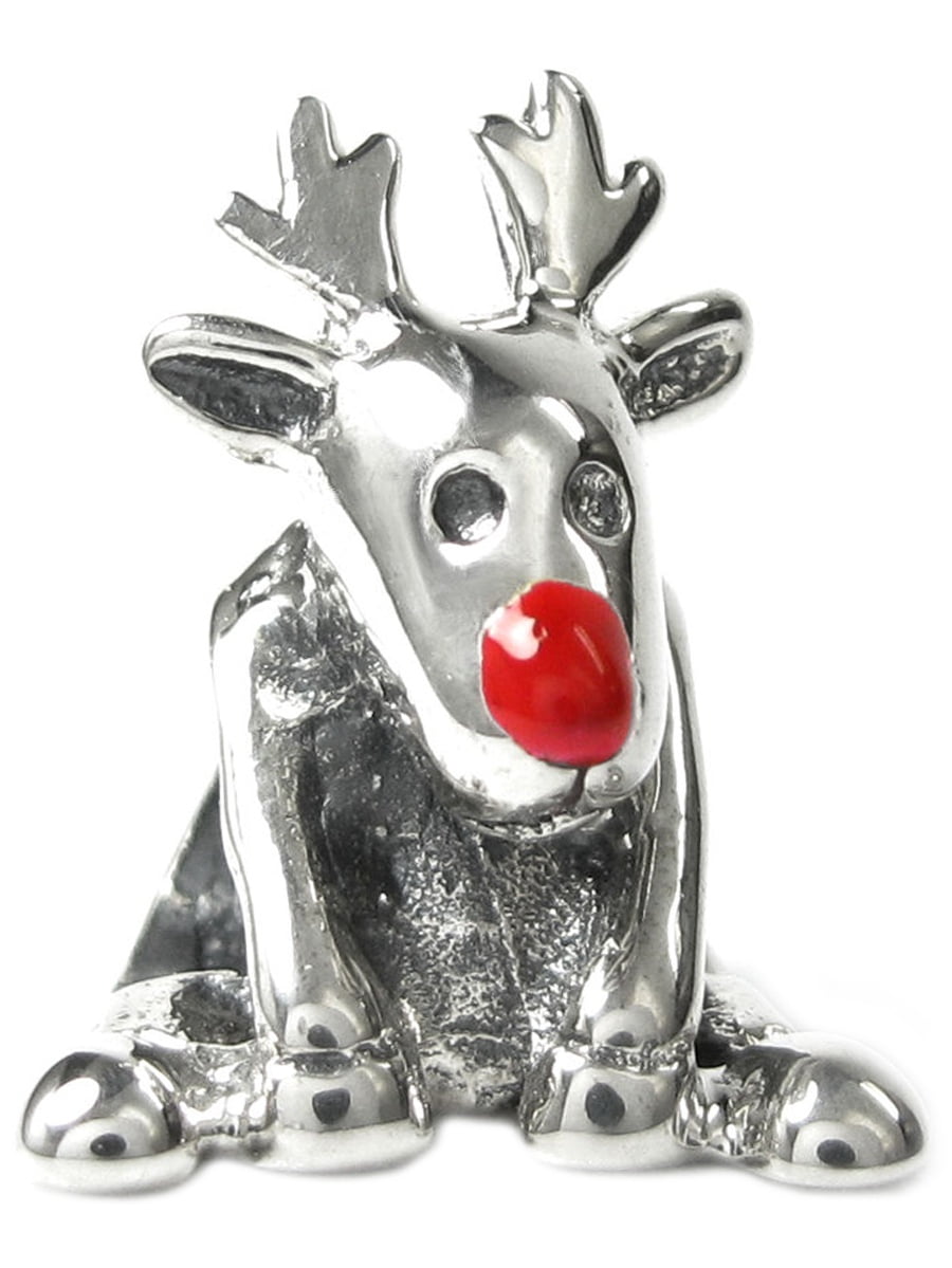 Queenberry Sterling Silver Red Nose Christmas Rudolph Reindeer European-style Bead Charm Fits Pandora