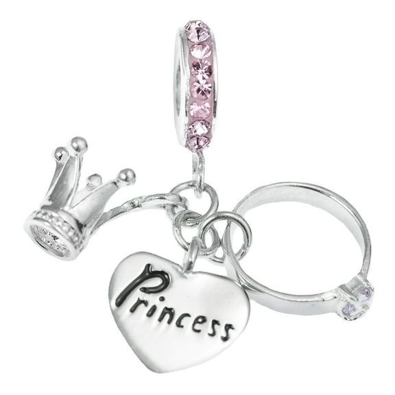Queenbrry Sterling Silver Princess Ring Crown Pink CZ Crystal Dangle Enamel Charm Bead for European Charm Bracelet