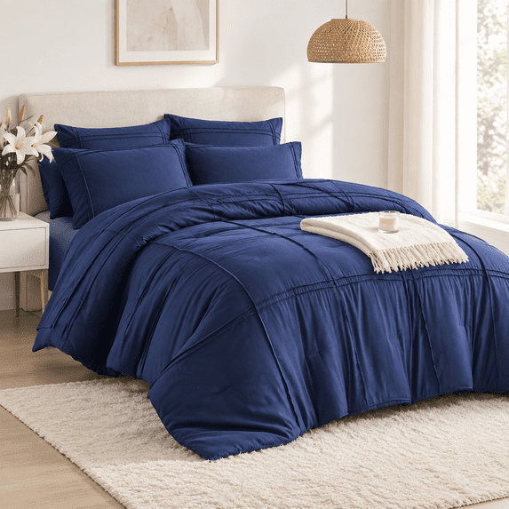 Queenforter Set 7 Piece Bed In A Bag Grid Pinch Pleat Navy Blue Bedding ...