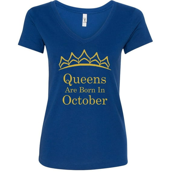 Queens Are Born In October Tiara Gold V Neck Shirt Lady Outfit Tee Color Royal Blue 2X-Large