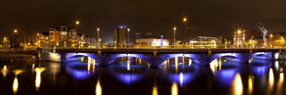 Queens Bridge taken from the Queen Elizabeth II Bridge at night Belfast County Antrim Northern Ireland Canvas Art - Panoramic Images (36 x 12)