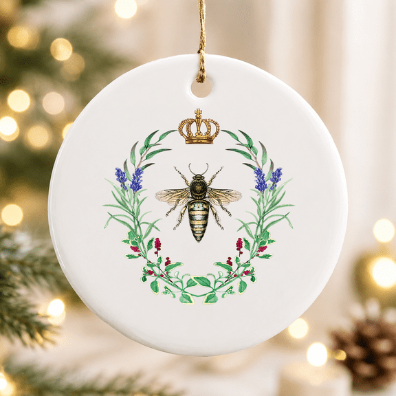 Queens Crown Flower Garden Lovers Gardener's Bee Wreath Christmas Ornament, Holiday Keepsake Gift, Ceramic Ornament