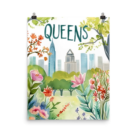 Queens Nyc Print, Spring Floral Cityscape Wall Art, New York City Print, Manhattan Skyline Decor, Urban Park Travel Artwork Home Decor #104, Unframed Poster Size 8x12