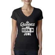 Queens are Born in June Humor Womens Junior Fit V-Neck Tee, Black, Small