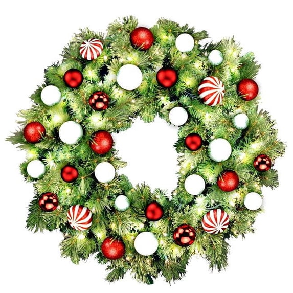 Queens of Christmas GWBM-03-CDY-LWW 3 ft. Pre-Lit LED Blended Pine Christmas Wreath with The Candy Ornament, Warm White
