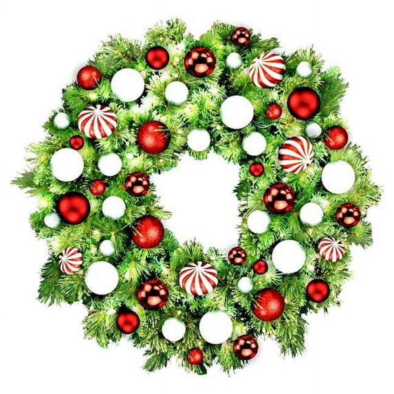 Queens of Christmas GWSQ-04-CDY-LWW 4 ft. Pre-Lit LED Sequoia Christmas Wreath with The Candy Ornament, Warm White