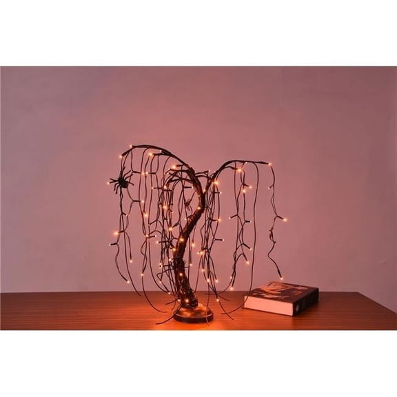 Queens of Christmas LED-WLLW-02-BATAC-LOR 2 ft. LED Halloween Willow Bonsai Christmas Trees, Orange