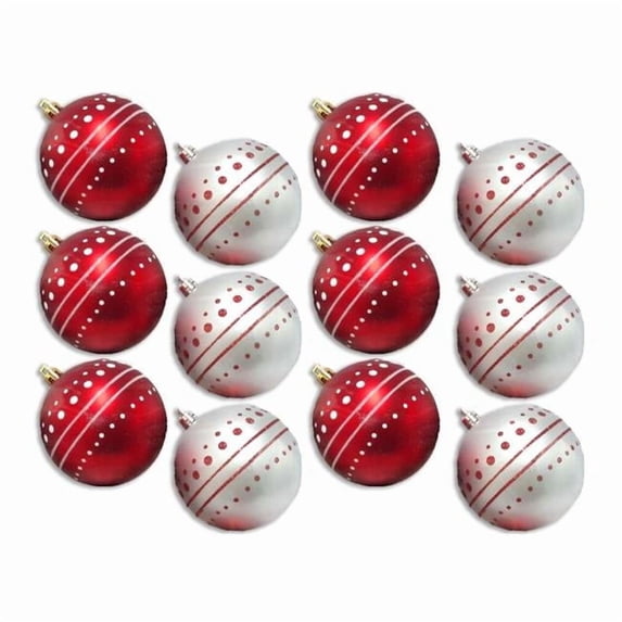 Queens of Christmas ORN-12PK-DOT-RW 3 in. Ball Ornament with Dot Design, Red & White - Pack of 12
