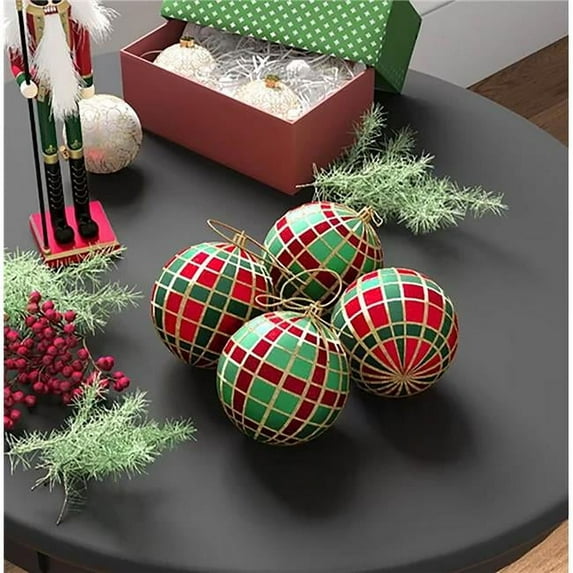Queens of Christmas ORN-12PK-PLD-GRG 3 in. Plaid Ball Ornament, Green, Red & Gold - Pack of 12
