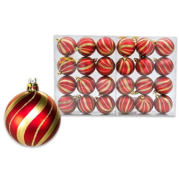 Queens of Christmas ORN-24PK-SPL-GO 4 in. Ball Ornament with Gold Sprial Design, Red - Pack of 24
