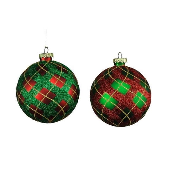 4 Pack of Red, Green, and Gold Ball Ornaments with Glitter Enhancements