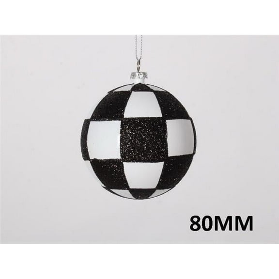 4 Pack of Black and White Checkered Ball Ornaments with Glitter Enhancements