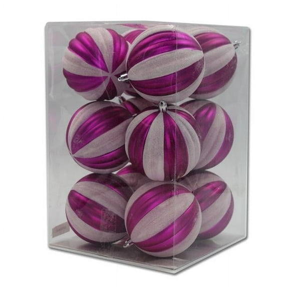 Queens of Christmas ORNPK-STRPB-HPI-12 Ball Ornaments, Hot Pink & White - Pack of 12