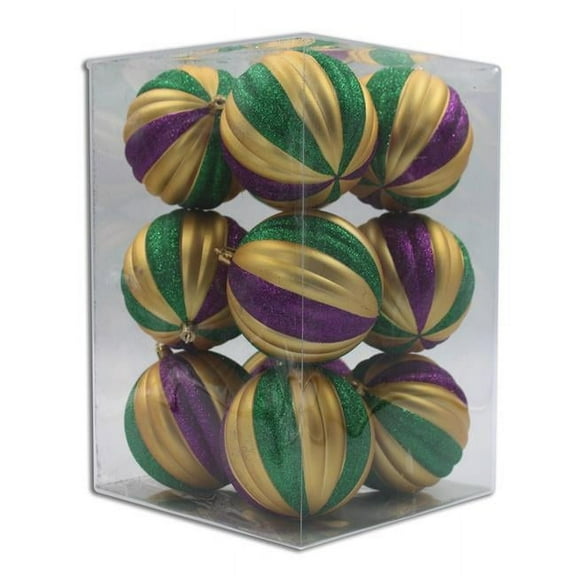 Queens of Christmas ORNPK-STRPB-MARDI-12 Ball Ornaments, Green, Gold & Purple - Pack of 12