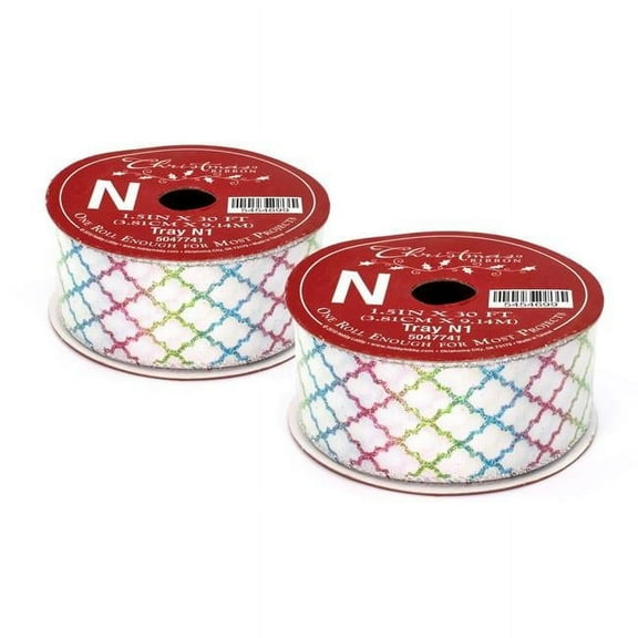 Queens of Christmas RBN-5454699-PILGAQ-2PK 30 ft. White Ribbon with Pink, Lime Green & Aqua Diamond Glitter Design - Pack of 2