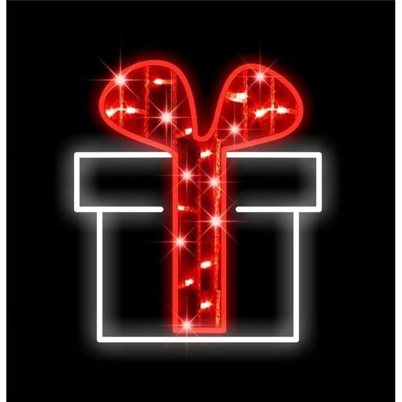 Queens of Christmas WL-MTNF-WD-GFTBX-RBN 2 ft. LED Christmas Gift Box with Ribbon Window Display, White & Red