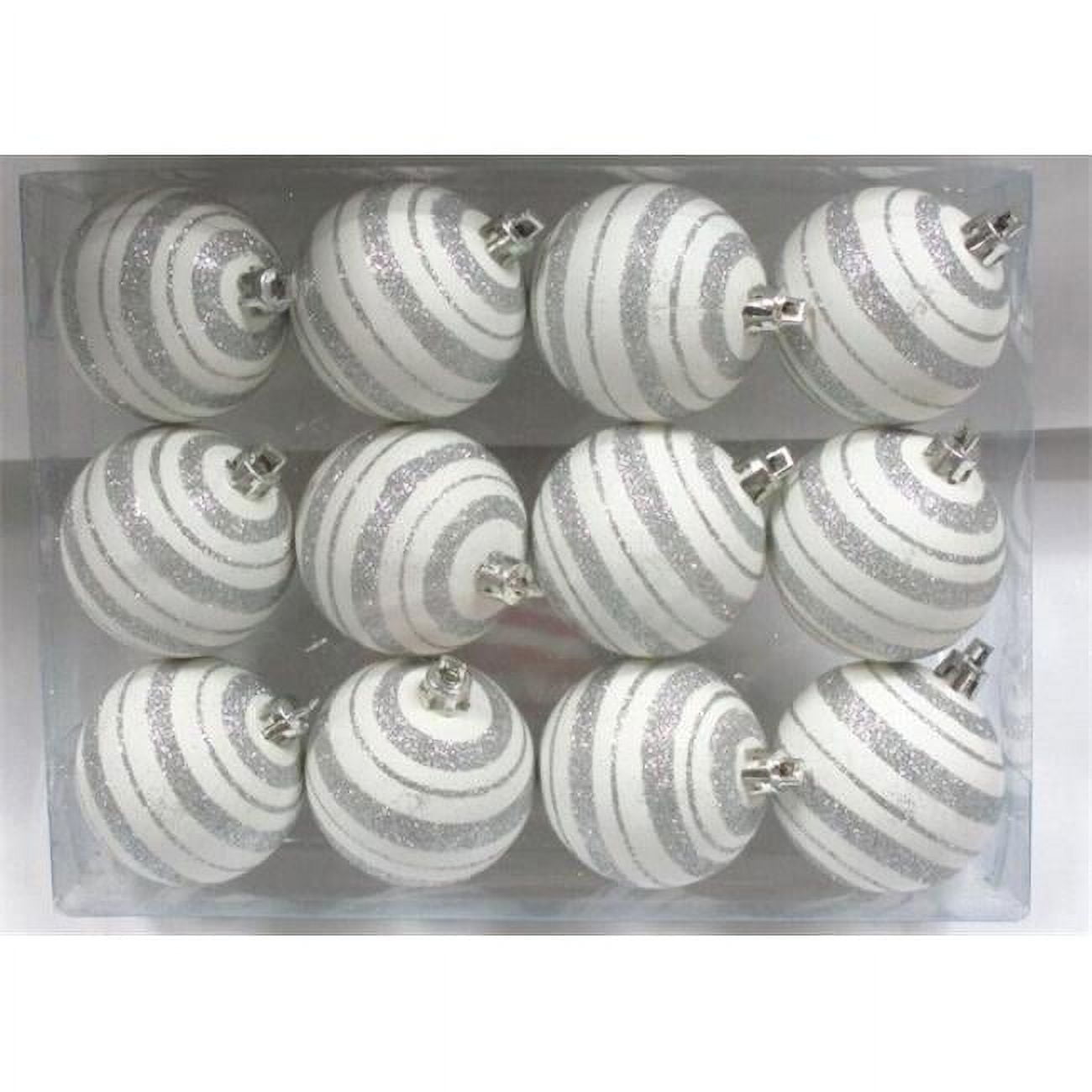 Queens of Christmas WL-ORN-12PK-LN-SV Silver & White Ball Ornament with Line Design; Pack of 12
