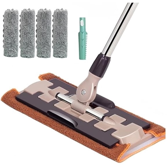 Queensfinders Mop, Flat Mop with Stainless Steel Handle with Reusable Washable Mops Cloths, 360 Rotatable Adjustablewith 4 Washable Pads(Brown)