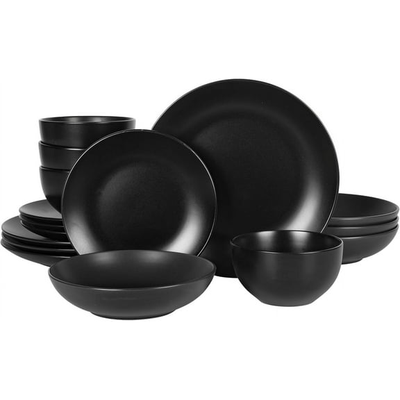 16 Piece Double Bowl Plates and Bowls Dinnerware Sets - Matte Black