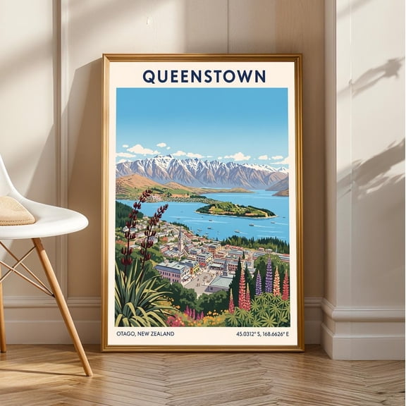 Queenstown New Zealand Print: Vintage Gouache Landscape Art, Unframed Canvas Size 12x18