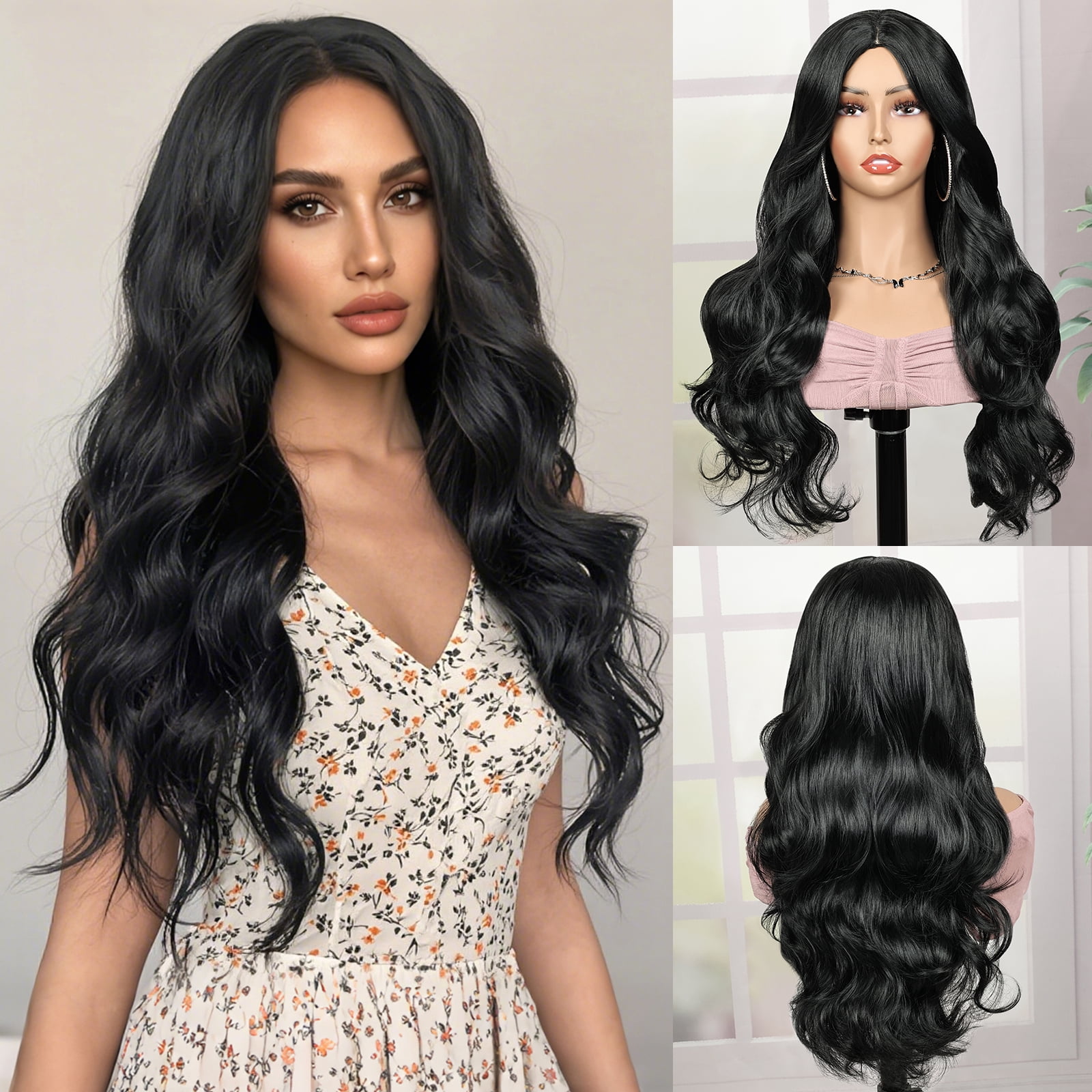 Queentas 22 inch Black Wigs for Women Long Deep Wave Wig Synthetic Heat ...
