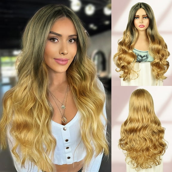 Queentas 24" Long Curly Wavy Wigs for Women Blonde Synthetic Layered Wave Wig Long Wavy Middle Part Curly Wigs Heat Resistant Fiber for Daily Cosplay Halloween