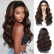 QUEENTAS Headband Wig for Women 24 Inch Glueless Ready to Wear   Long Wavy Loose Wave Pre-Plucked Natural Hairline Heat Resistant Synthetic Wig Dark Brown with Honey Caramel Highlights