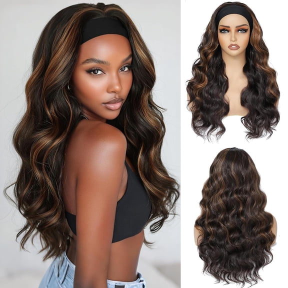 QUEENTAS Headband Wig for Women 24 Inch Glueless Ready to Wear – Long Wavy Loose Wave Pre-Plucked Natural Hairline Heat Resistant Synthetic Wig (Black Mixed Blonde)